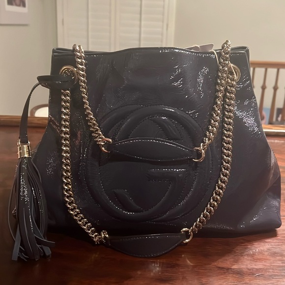 Gucci Handbags - GUCCI Patent Leather SoHo Chain Bag Navy